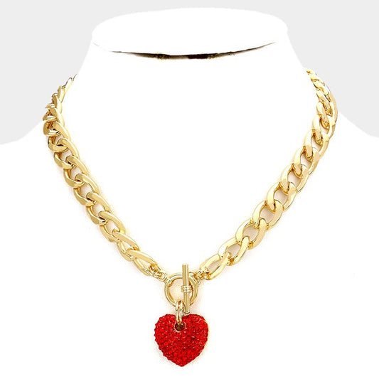 Chunky Gold Chain Toggle Necklace with Red Rhinestone Heart Pendant for Women