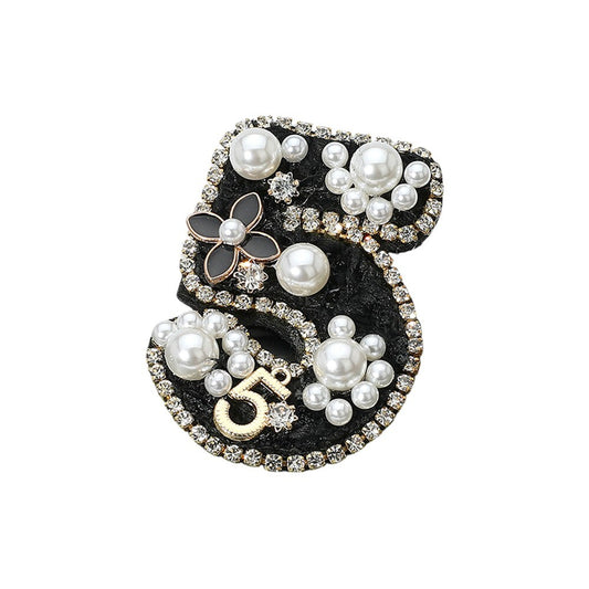 Pearl Enamel Flower Tweed Number 5 Felt Back Fashion Brooch for Women