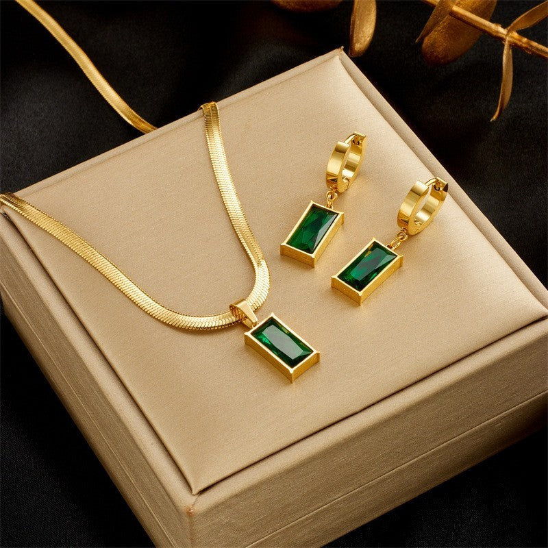 Emerald Green Gold Snake Chain Necklace Dangle Earrings Set for Women