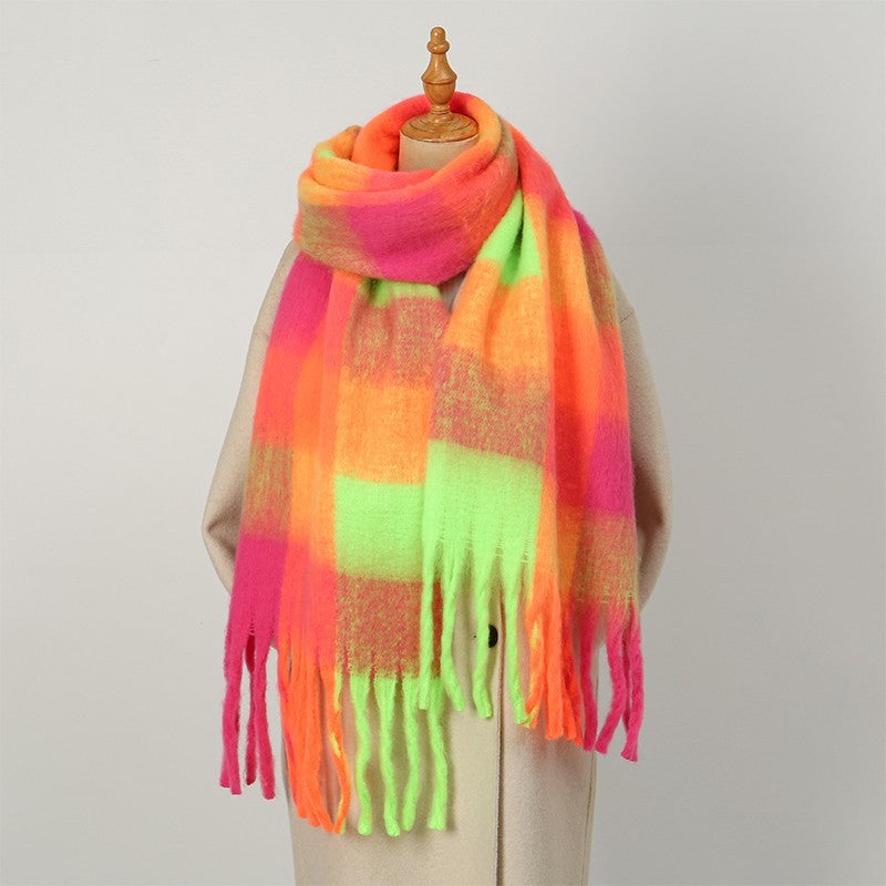 Neon Plaid Tassel Scarf Oversized Blanket Shawl Thick Winter Wrap Hot Pink