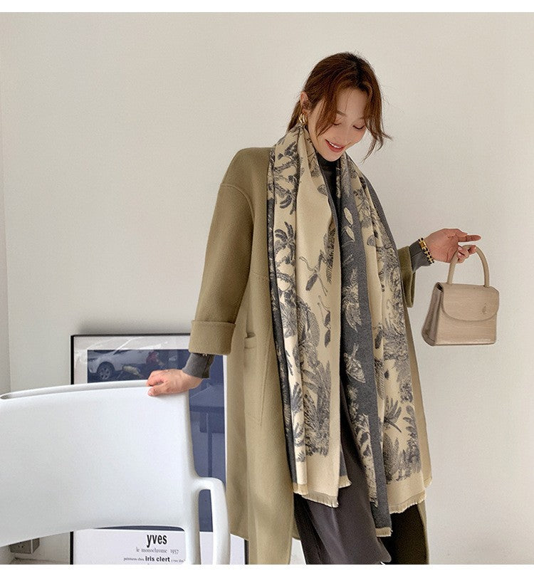 Neutral Toile De Jouy Print Scarf Shawl Wrap Winter Warm Long Reversible
