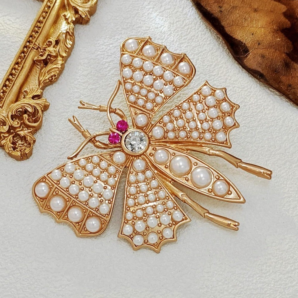 Gold Pearl Butterfly Brooch Insect Pin Rhinestone Crystal Vintage Style