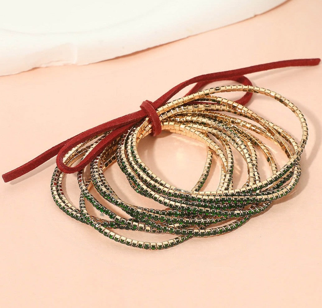 12pcs Gold Tone Green Rhinestone Multi-Strand Cord Wrap Statement Bangle