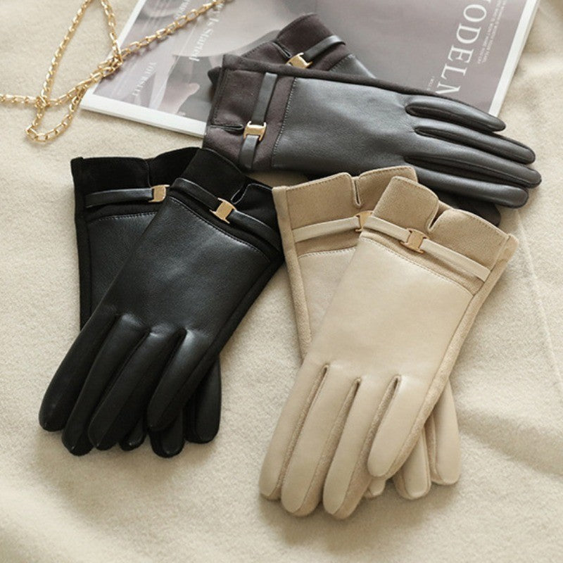 Women's Winter Gloves 2 Pairs Black Beige Gold Buckle Accent Smart Device Gloves