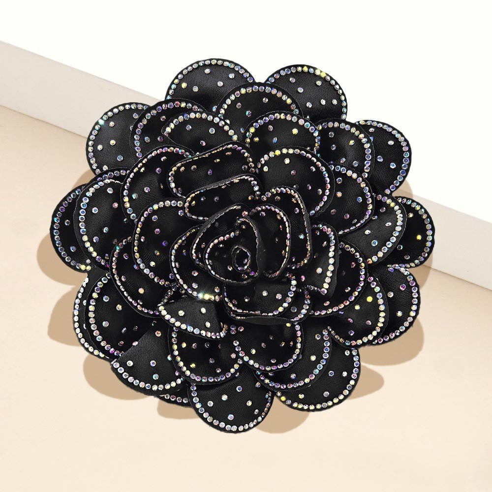 2PC Black Red Camellia Flower Brooch Pin Hair Clip Dual Set Shimmer Accents