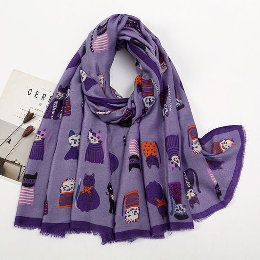 Purple Cat Print Viscose Scarf Shawl Wrap Kitten Lover Gift