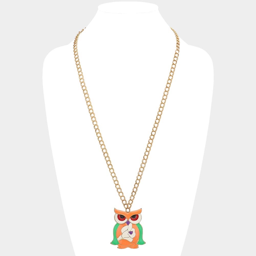 Colorful Enamel Owl Bird Pendant Long Gold Chain Whimsical Statement Necklace