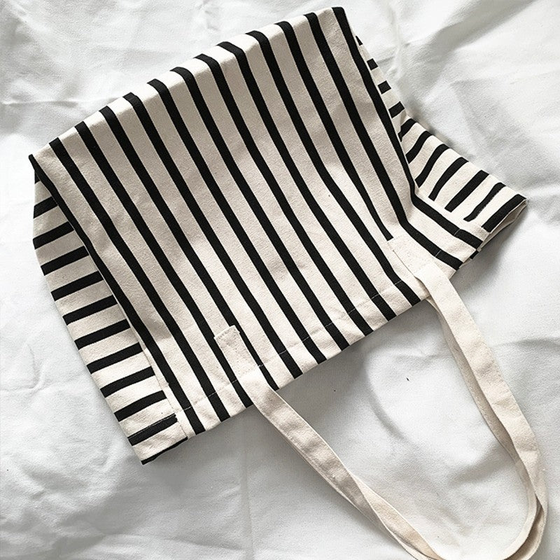 Large Canvas Tote Bag Striped Black White Shoulder Handbag Cotton Beach Shopper