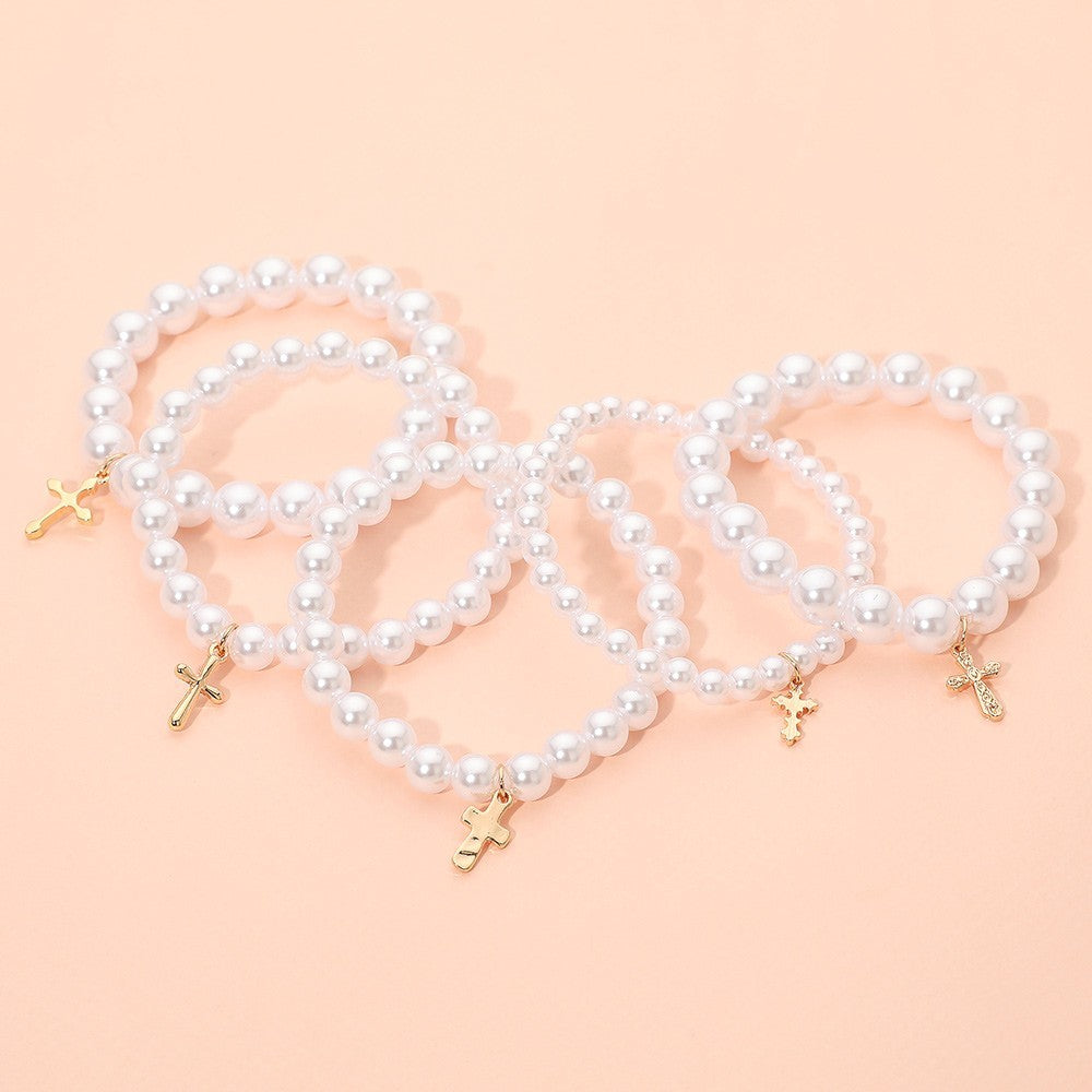 5PC Set Faux Pearl Stretch Bracelet Gold Cross Charm Religious Communion Gift