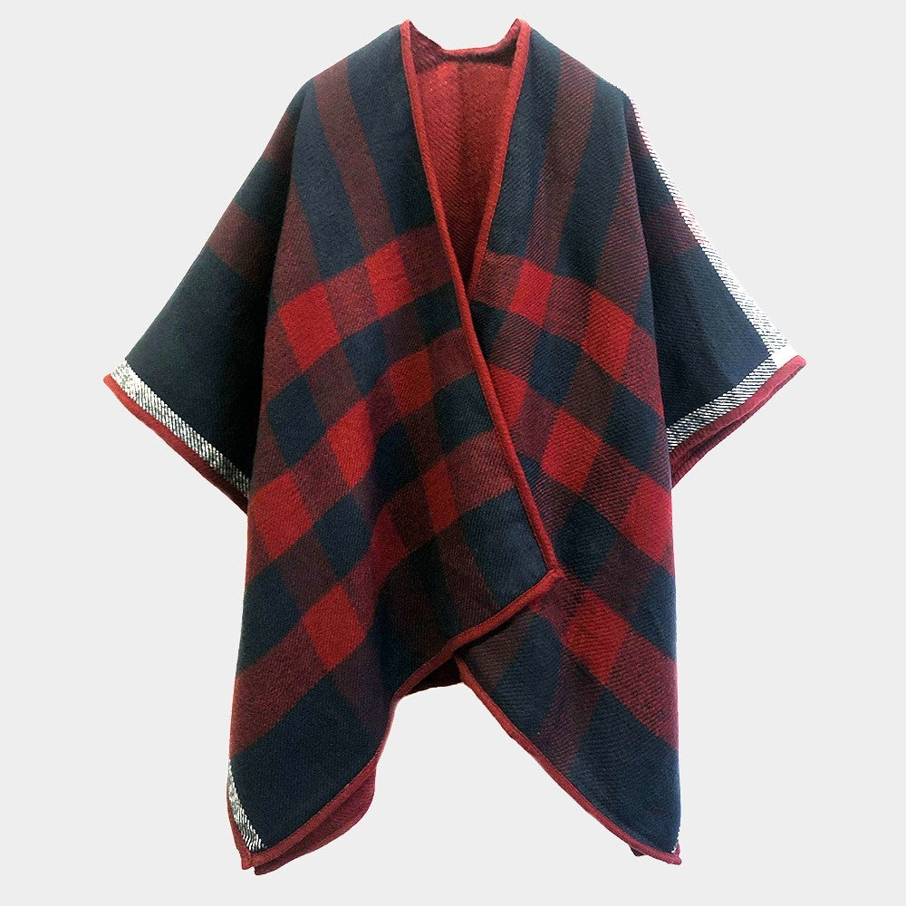 Reversible Red Black Plaid Poncho Woven Sleeve Trim Acrylic Wrap Cape for Women