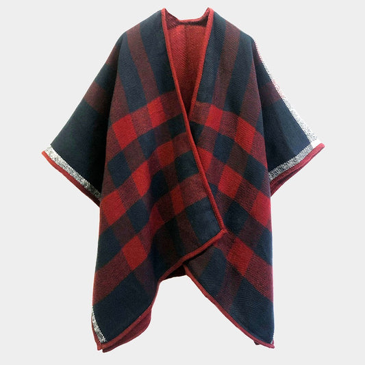 Reversible Red Black Plaid Poncho Woven Sleeve Trim Acrylic Wrap Cape for Women