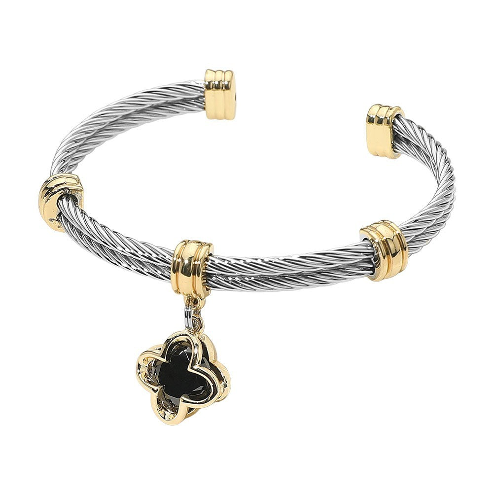 Two Tone Twisted Cable Cuff Bracelet with Black Quatrefoil Charm Stainless Steel