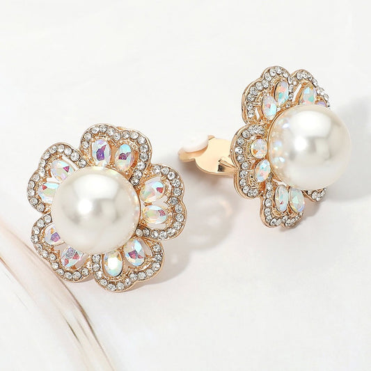 Floral Faux Pearl Crystal Clip-On Earrings - Elegant Iridescent Brid