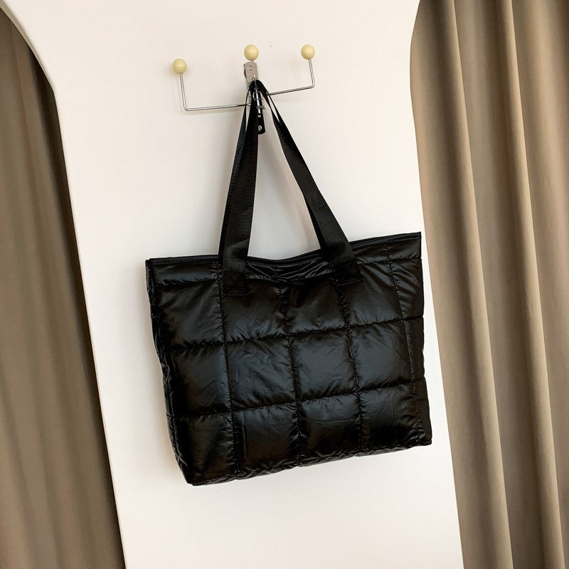 Black Quilted Puffer Tote Bag Shoulder Handbag Zipper Closure Carryall Purse