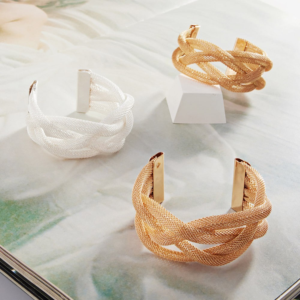 2PC Set Gold & White Mesh Braided Cuff Bracelet Bangle Wrap Bracelets for Women