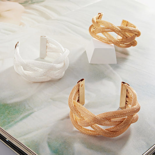 2PC Set Gold & White Mesh Braided Cuff Bracelet Bangle Wrap Bracelets for Women