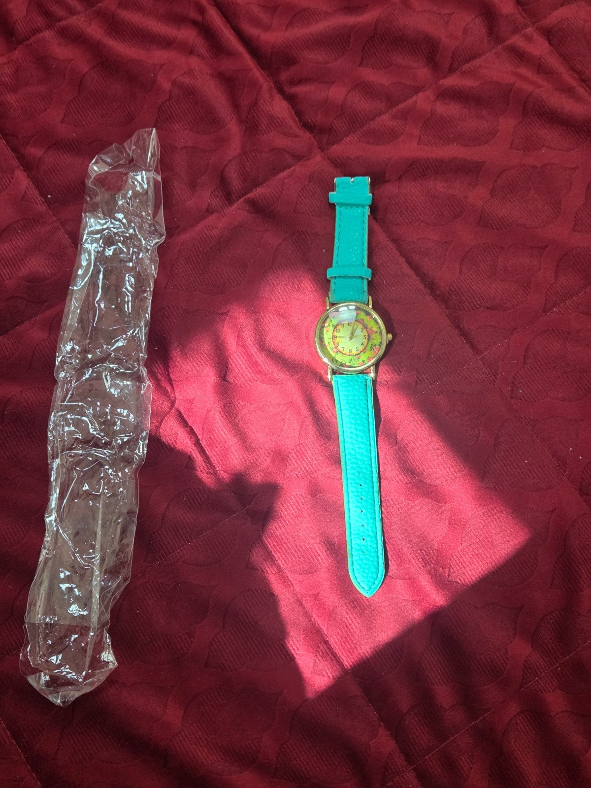 Women's Turquoise Floral Quartz Watch Gold Tone Faux Leather Strap Bright Analog