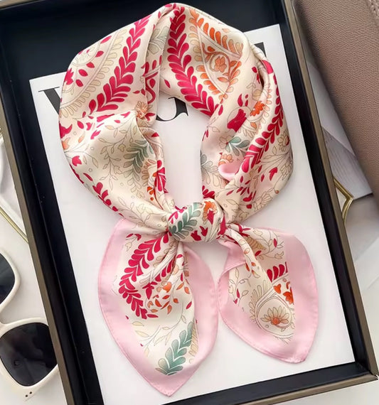 Pink Paisley Silk Feel Square Scarf - Floral Print Neck Head Wrap Bandana Bag