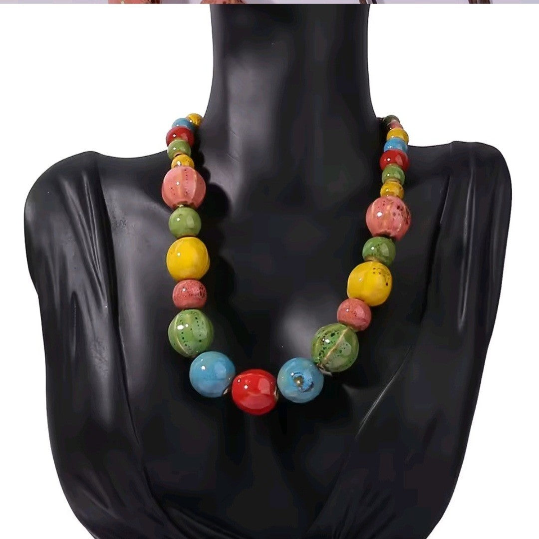 Chunky Multicolored Boho Ceramic Beaded Necklace for Women
