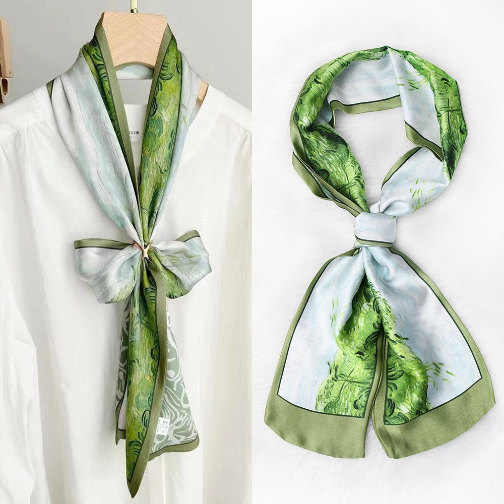 2pcs Women Skinny Silk Feel Scarf Set Green Oil Paint Blue Geometric Ring