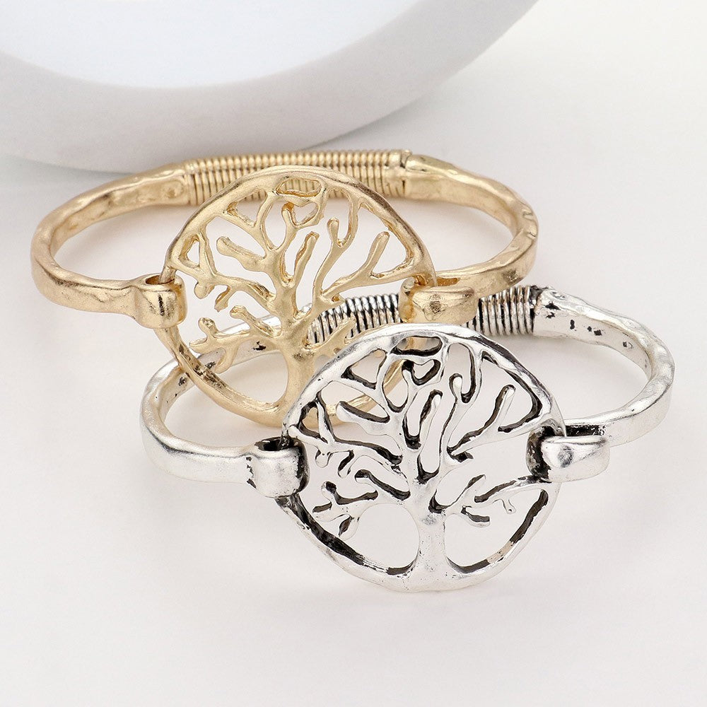 2PC Tree of Life Bracelet Set Gold & Silver Tone Cuff Bangles Tree Jewelry Gift