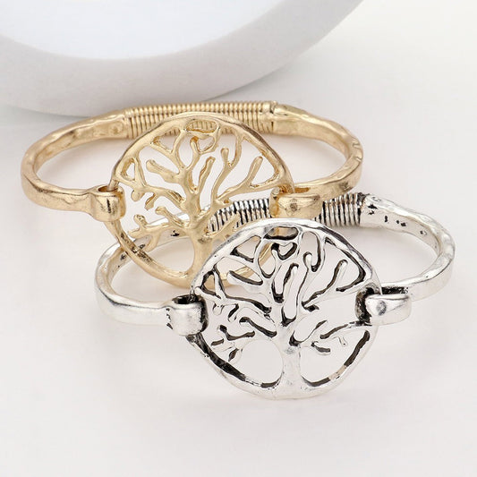 2PC Tree of Life Bracelet Set Gold & Silver Tone Cuff Bangles Tree Jewelry Gift
