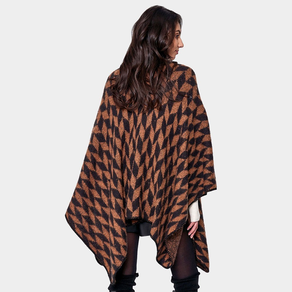 Geometric Patterned Knit Kimono Poncho Open Front Cape Wrap for Women Brown