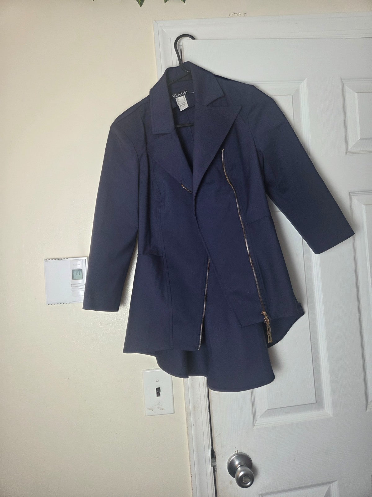 Navy Blue Asymmetrical Peplum Blazer Jacket Gold Zippers Buttons Women's Size 10