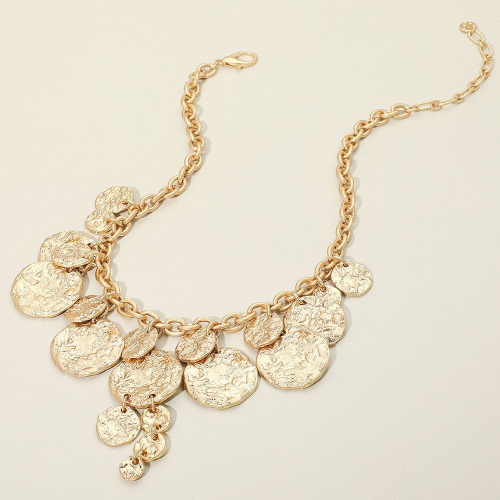 Textured Disc Charm Statement Necklace Adjustable Link Chain Women Jewelry