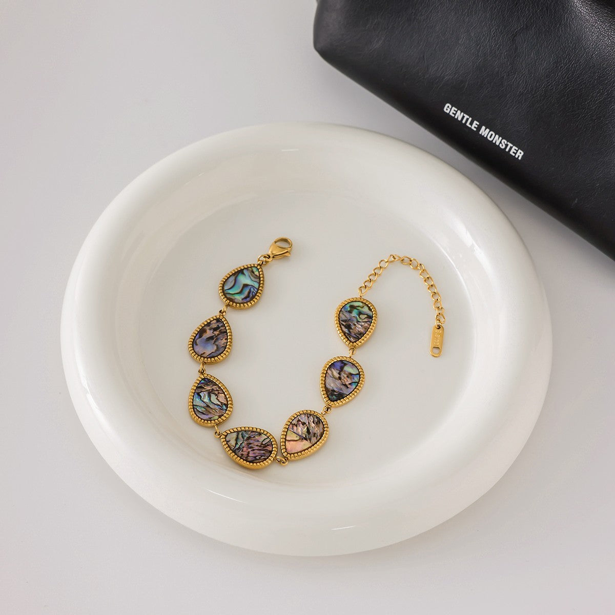 Waterproof Gold Stainless Steel Abalone Shell Teardrop Link Bracelet Womens