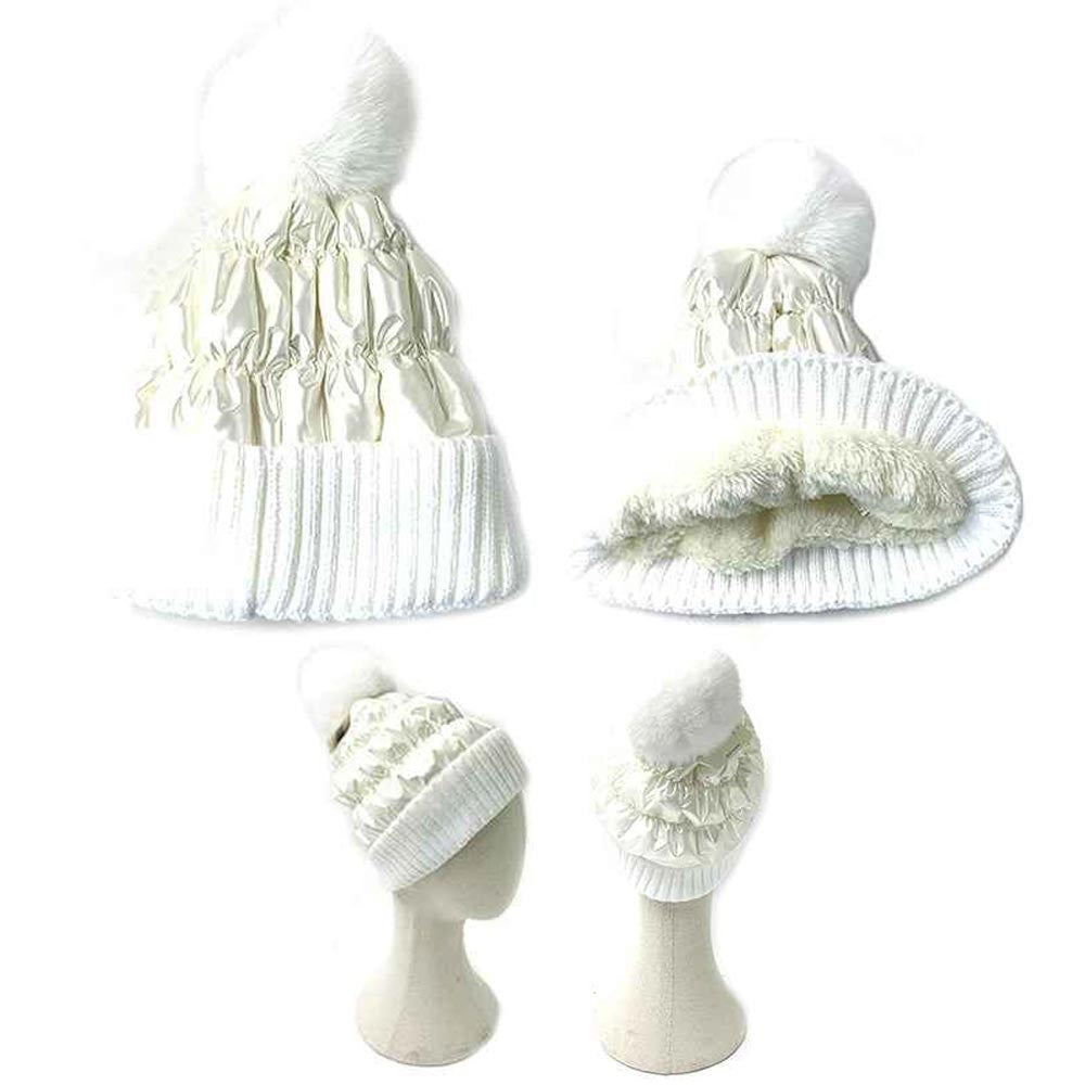 Metallic White Quilted Beanie Hat with Pom Pom Fleece Lined Winter Cap One Size