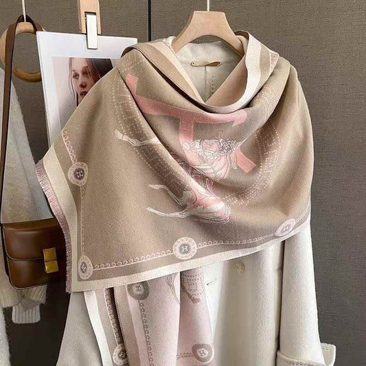 Dark Brown Beige Equestrian Cashmere-Feel Shawl Wrap Large Horse Print