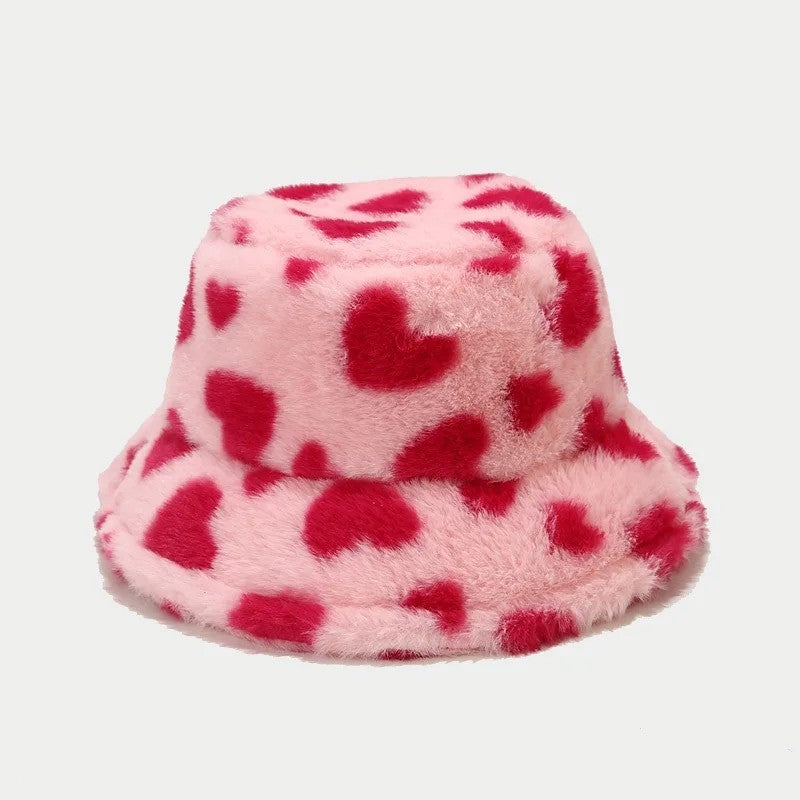 Fluffy Pink Heart Print Faux Fur Bucket Hat Winter Cap Y2K Aesthetic
