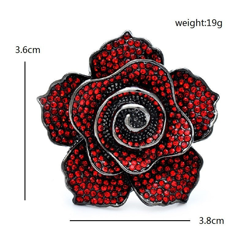 Red Crystal Rose Brooch Pin Black Metal Floral Costume Jewelry