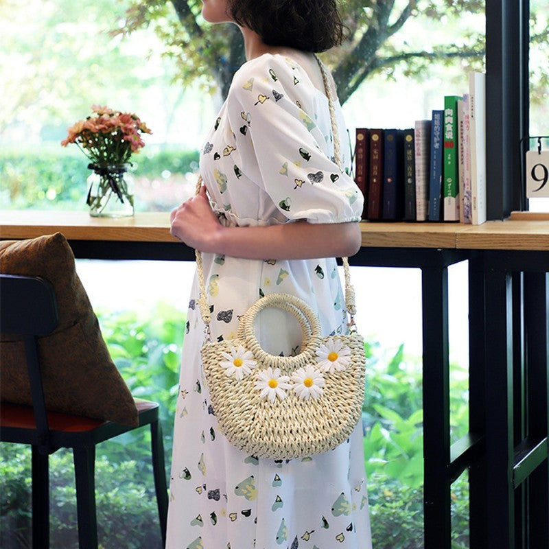 Hand-Woven Straw Daisy Bag for Women| Boho Moon-Shaped Summer Crossbody Purse