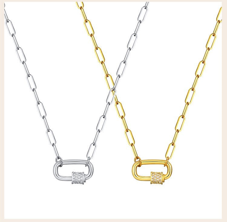 2pcs 18K Gold Plated & Silver Stainless Steel Paperclip Carabiner Necklace Set