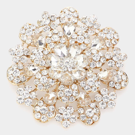 Large Gold Crystal Floral Brooch - Luxury Pave Statement Pin for Weddings