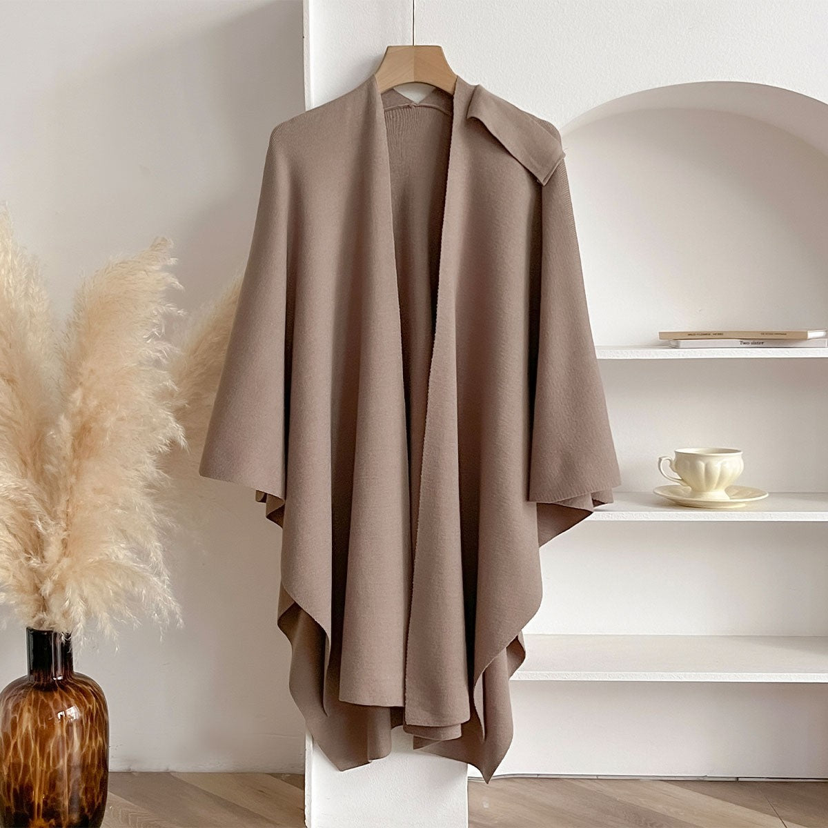 Women's Knit Poncho Cape Wrap Shawl Cashmere Feel Taupe  Open Front One Size