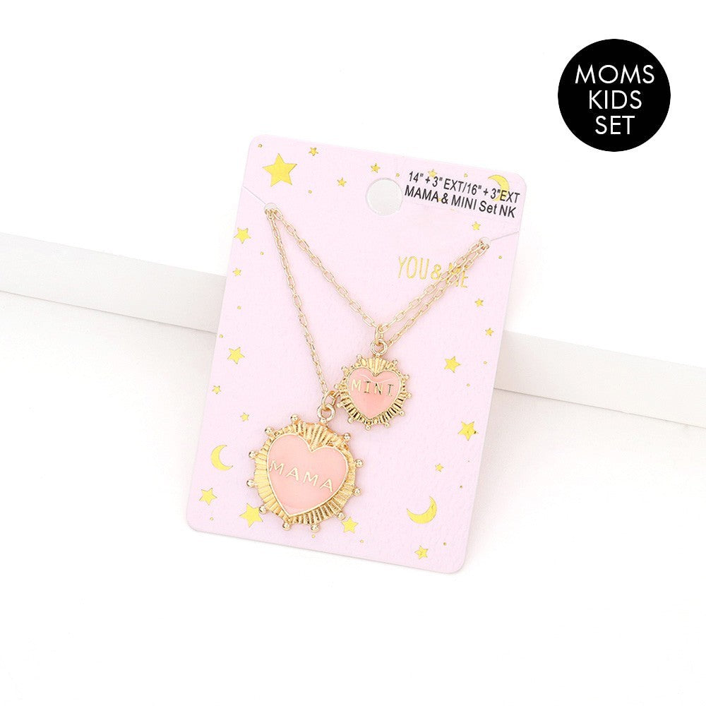 MAMA MINI Enamel Heart Pendant Necklace Set for Mom and Daughter 2PCS
