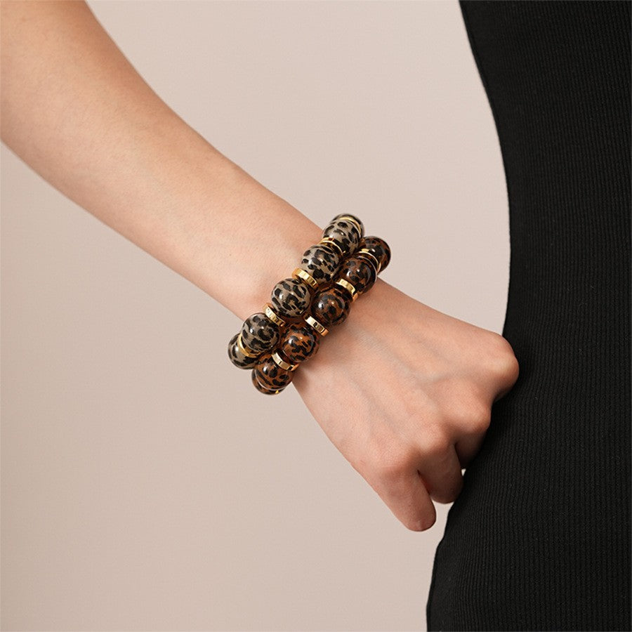2PC Leopard Print Acrylic Beaded Bracelets Gold Spacers Set Stretch