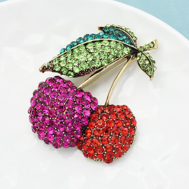 Large Crystal Cherry Fruit Brooch Pin Red Pink Green Rhinestone Jewelry 2.6in