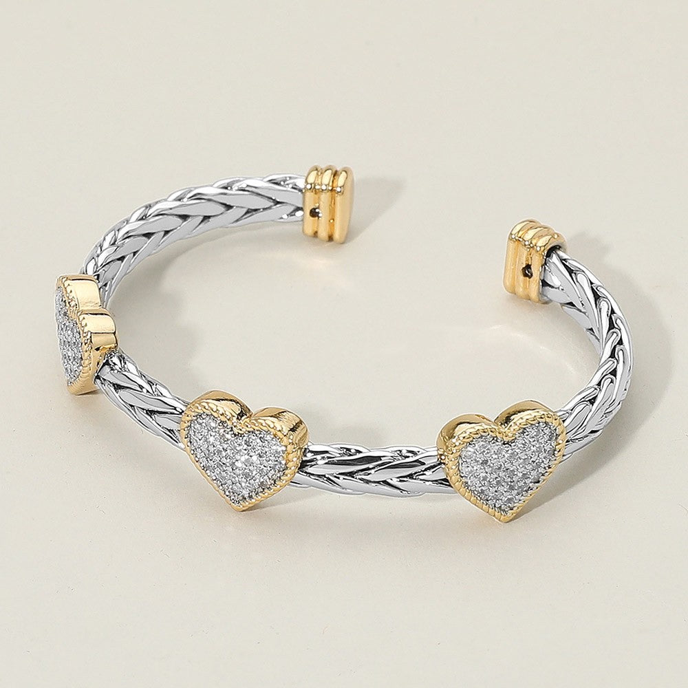 Silver and Gold Two Tone Braided Cuff Bracelet with Pave Crystal Heart Charms