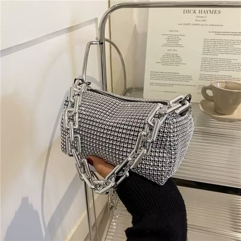 Silver Tone Rhinestone Evening Bag Crystal Clutch Thick Chain Shoulder Handbag