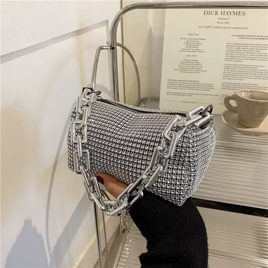 Silver Tone Rhinestone Evening Bag Crystal Clutch Thick Chain Shoulder Handbag