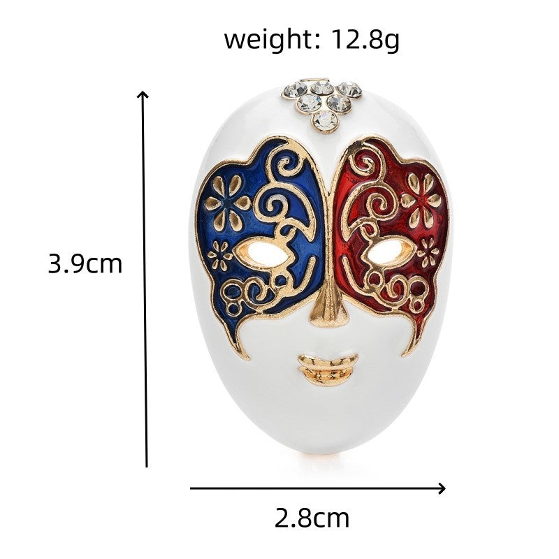 Venetian Carnival Mask Brooch Red Blue Enamel Rhinestone Pin 1.5 inch
