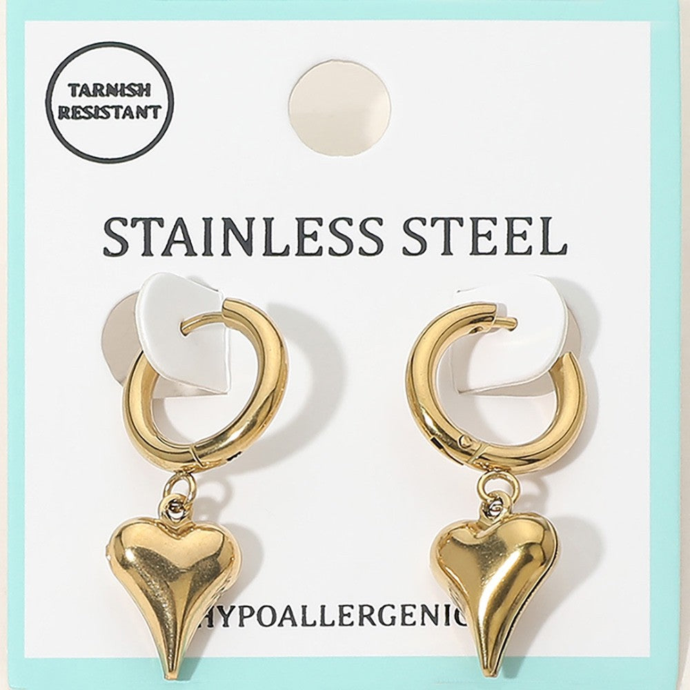 Gold Stainless Steel Puffy Heart Charm Hoop Earrings, Hypoallergenic, 1.25"
