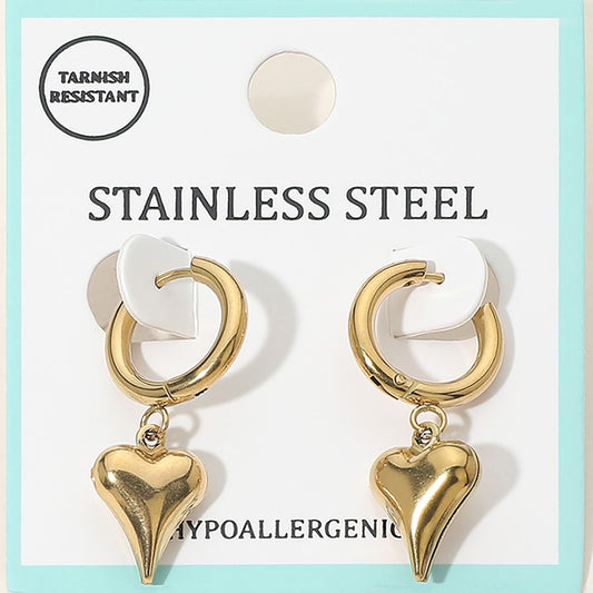 Gold Stainless Steel Puffy Heart Charm Hoop Earrings, Hypoallergenic, 1.25"