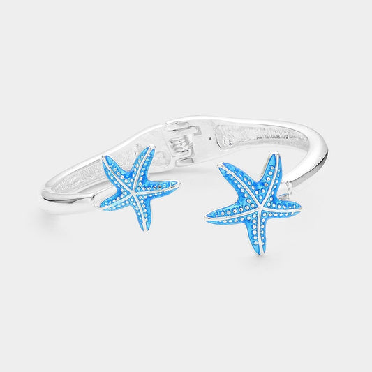 Blue Enamel Starfish Silver Tone Hinge Bangle Cuff Bracelet Beach Nautical