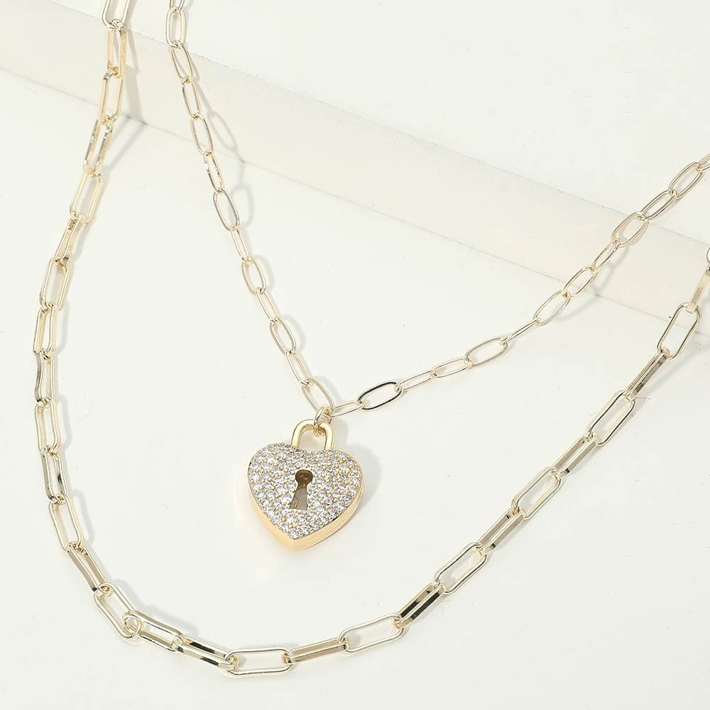Gold Multi Layer Paperclip Chain Pave Heart Keyhole Charm Pendant Necklace