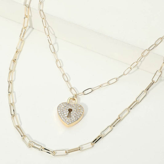 Gold Multi Layer Paperclip Chain Pave Heart Keyhole Charm Pendant Necklace